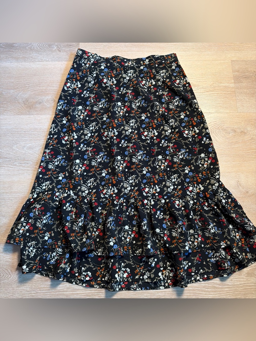 Allegra K Chiffon Ruffle Tiered Flowy Midi Dark Floral Skirt Cottagecore Boho L